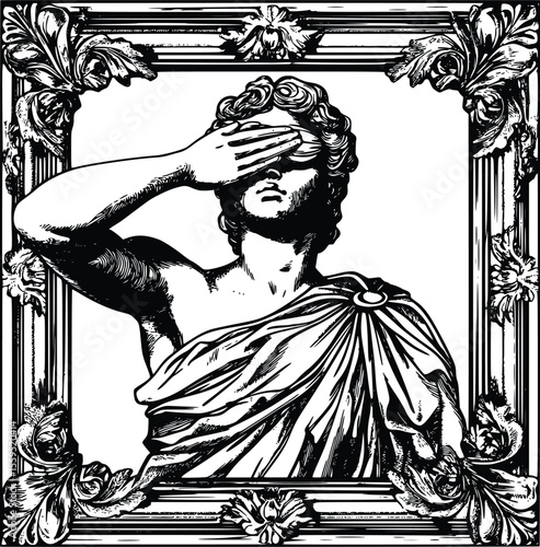 Ornate Frame: Vector Engraving of Blindfolded Classical Statue