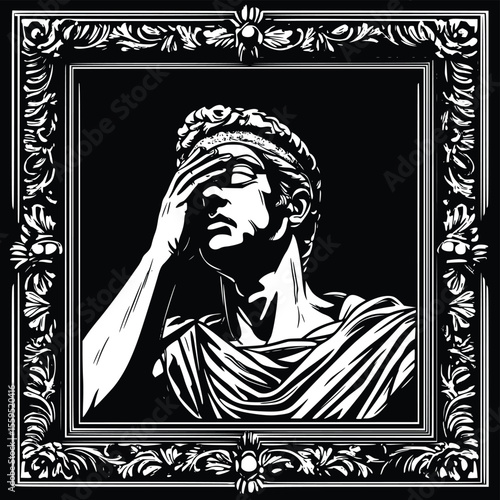 Vector illustration: Ornate frame, classical statue, dramatic, despairing pose.