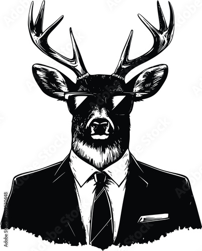 Vector illustration: Cool deer in suit, sunglasses, hand-drawn style.