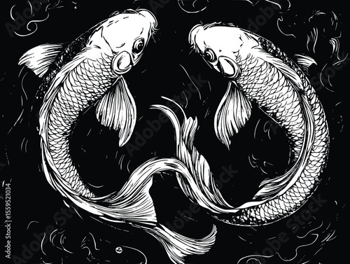 Elegant Koi Fish Pair: Intricate Vector Illustration, Dark Mood