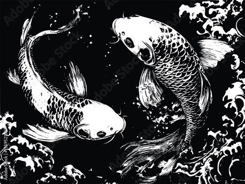 Elegant Koi Fish Pair: Monochrome Vector Illustration