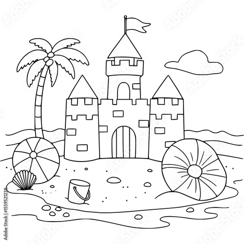 A playful beach scene featuring a whimsical sandcastle, palm tree, and beach ball, creating a summery design perfect for coloring pages.