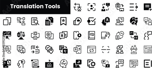 A collection of simplistic black icons representing various translation tools, ideal for enhancing digital communication and multilingual software applications.