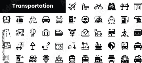 A diverse collection of transportation icons, including vehicles and travel modes, presented in a sleek black and white design, perfect for various projects.