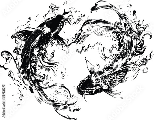 Elegant Koi Fish Pair: Monochrome Vector Illustration