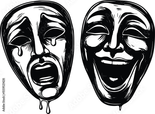 Vector illustration: Comedy and tragedy masks, engraved style, dramatic mood.