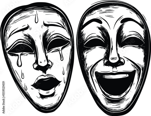 Vector illustration: Comedy and tragedy masks, hand-drawn, expressive style.