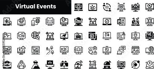 A diverse set of black and white icons representing virtual events, showcasing technology, communication, and interactive experiences.