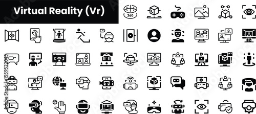 A diverse collection of virtual reality icons representing gaming, education, and interactive experiences in a minimalist black and white design.