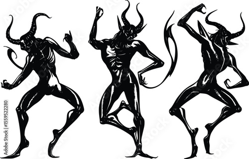 Vector illustration: Three demonic figures, stylized, dark, dancing poses.