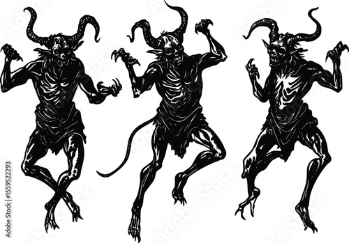 Three demonic vector illustrations: leaping, clawed, horned figures.