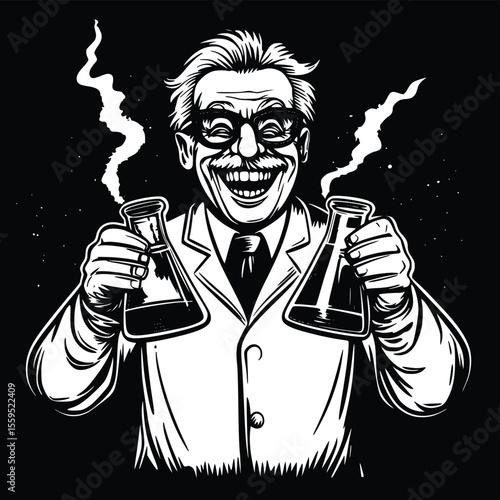Vector illustration: Joyful scientist, erlenmeyer flasks, monochrome, vintage style