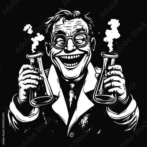 Vector illustration: Mad scientist, joyful expression, erlenmeyer flasks, monochrome style