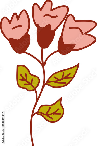 Retro simple florals in vintage illustration. Abstract hand drawn doodle cartoon floral elements, Retro vintage style flower daisy, aster, chrysanthemum, marigold, calendula.	