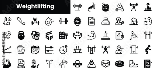 A diverse collection of weightlifting icons showcasing various gym equipment and exercises in a modern, minimalist style, suitable for fitness enthusiasts.