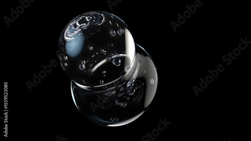 Realistic water bubble on black backdrop and green screen. Abstract liquid moving together or coming together. Animation, 3d render.