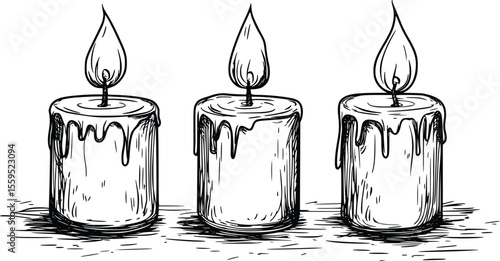 Hand-drawn vector illustration: three lit candles, rustic style, serene mood