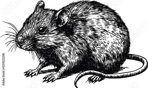 Intricate Vector Illustration: Detailed Mouse Engraving, Dark Style