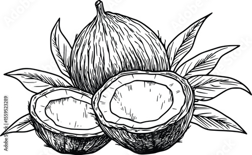Hand-drawn vector illustration: Tropical coconut halves, detailed sketch, dark ink.