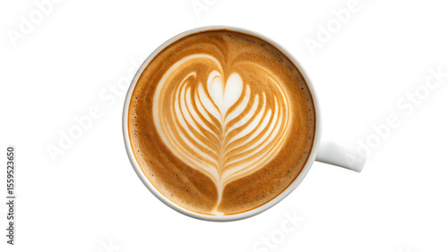 Aerial view of a cappuccino with latte art in a white cup on transparent background