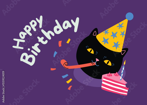 Birthday card showing a black cat with a party hat blowing a horn and a cake slice with a candle on a purple background
