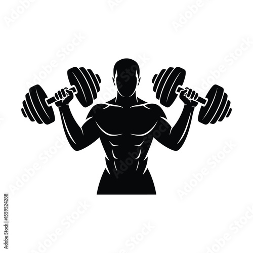 Muscular Man Lifting Dumbbells Silhouette: Fitness Bodybuilding Gym Illustration