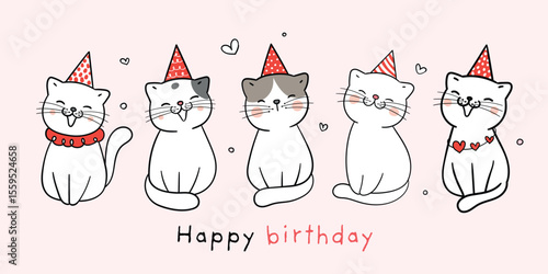 Five cats wearing birthday hats with Happy birthday message on light pink background