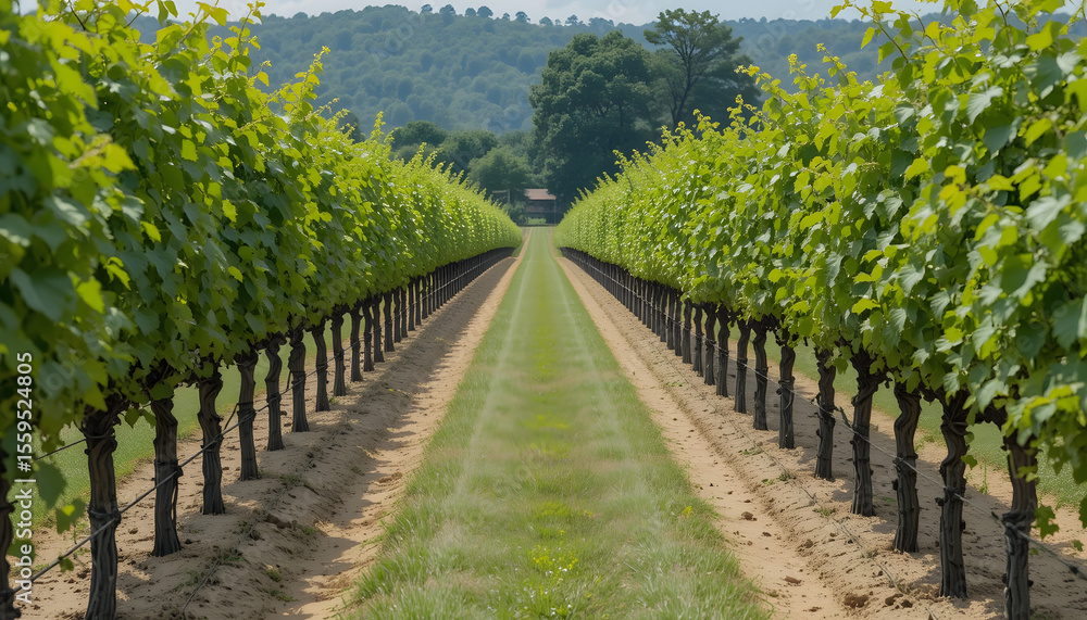 Naklejka premium Grapevine Rows in Lush Vineyard with Hill View – Scenic Agricultural Landscape