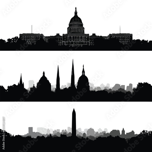 washington dc skyline silhouette set, Black & White silhouette set