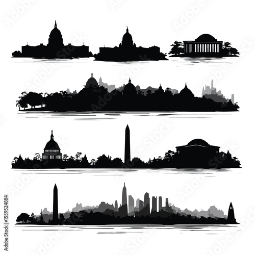 washington dc skyline silhouette set, Black & White silhouette set