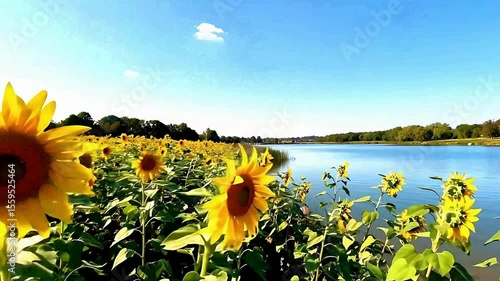 Vibrant video of a sunny sunflower field beside a serene lake under a clear blue sky. Captures summer beauty, nature, and tranquility. Perfect for backgrounds.