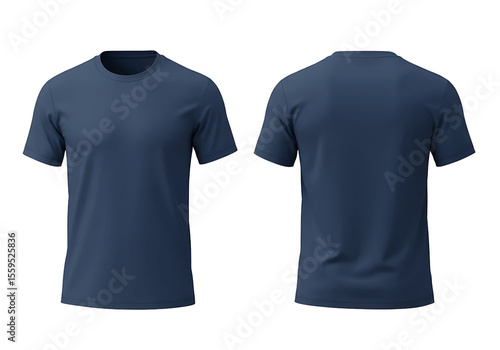 Front and back view of a plain navy blue t shirt isolated on transparent background isolated on white background
