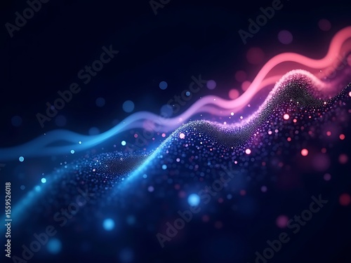 Abstract glowing waves of blue and pink particles on a dark background