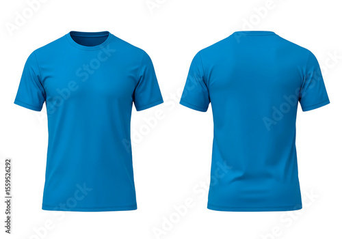 Front and back view of a plain blue short sleeve t shirt isolated on transparent background isolated on white background