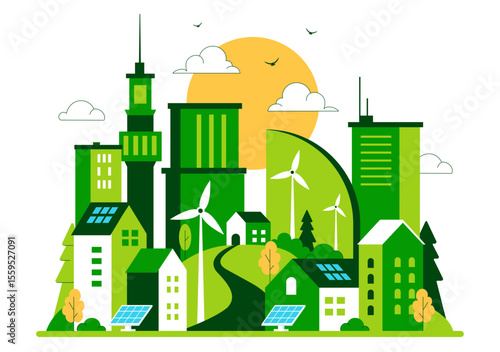 Green Building Vector Illustration Featuring a Beautiful Modern Eco Friendly Green City Panoramic View with Skyscrapers, Ecology and Sustainability