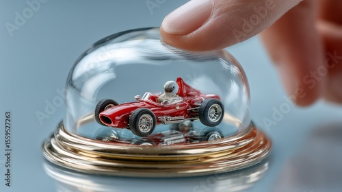 Small Red Racing Car Model Under Glass Dome on a Blue Surface
