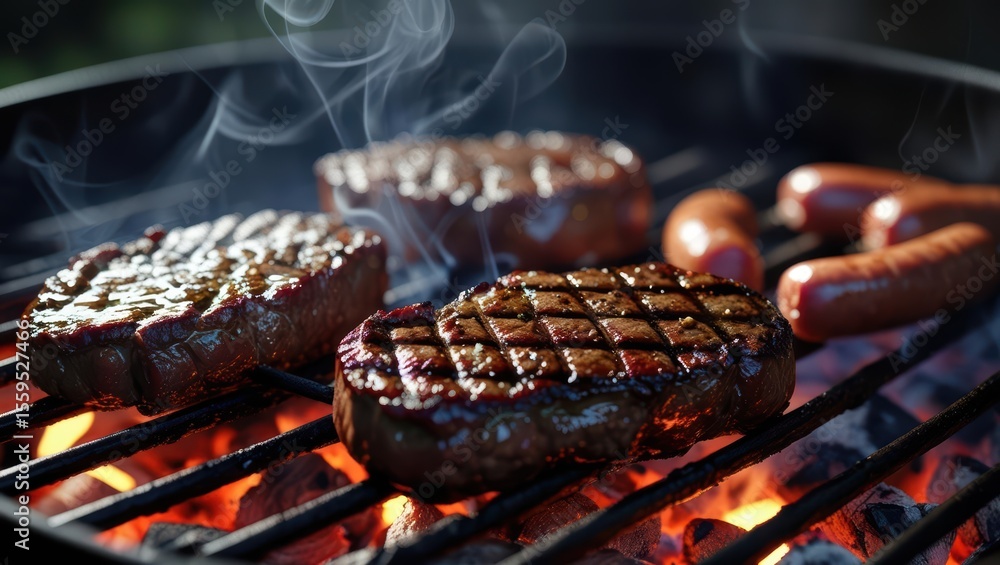 Juicy Grilled Steaks on BBQ with Flames and Smoke – Ultra Realistic 8K AI Image Juicy Grilled Steaks on BBQ with Flames and Smoke – Ultra Realistic 8K AI Image
