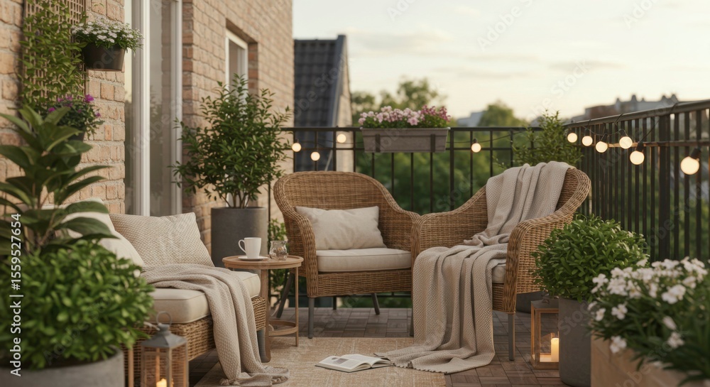 Fototapeta premium Cozy outdoor space with wicker furniture, blankets, and string lights. Flowers in pots and a warm evening glow