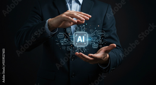Man Wearing Black Suit Protecting Glowing Artificial Intelligence Chip Between Hands with Dark Background