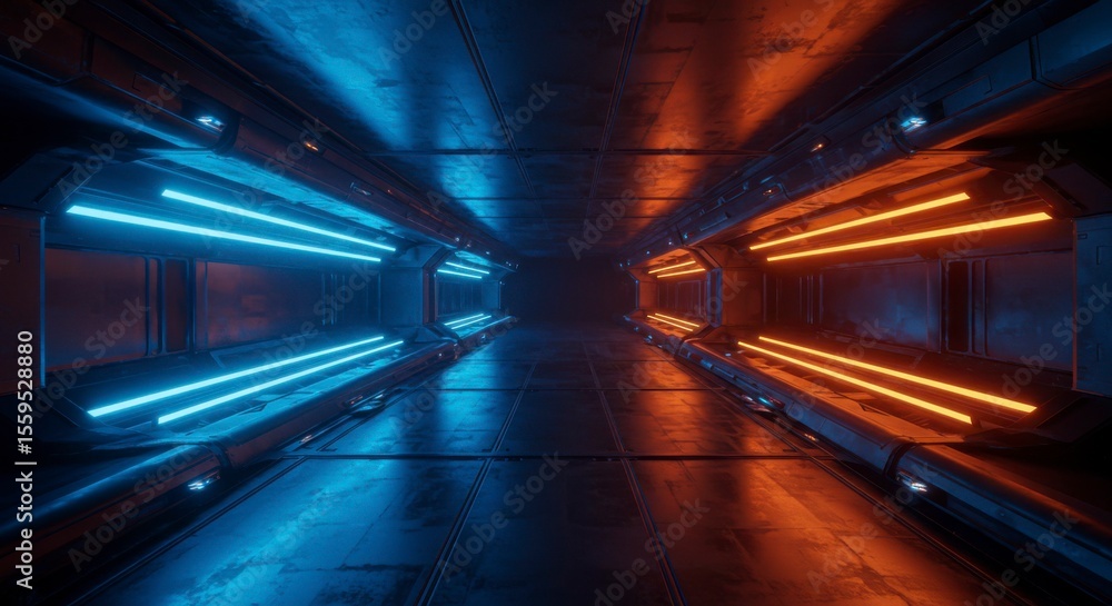 Futuristic metallic corridor with vibrant blue and orange neon lights, reflecting on a sleek, dark floor Futuristic metallic corridor with vibrant blue and orange neon lights, reflecting on a sleek, dark floor