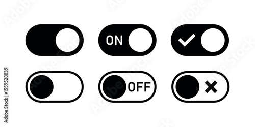Modern On Off Toggle Switch Icon Set. UI Control Symbols in Solid and Outline Styles