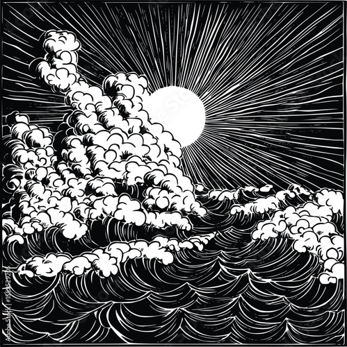 Dramatic Ocean Waves Sun Vector Art Illustration Graphic
