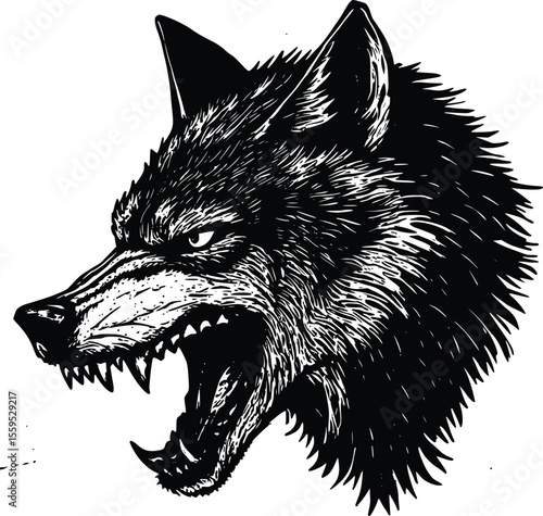 Aggressive snarling wolf head profile; vector illustration, fierce design