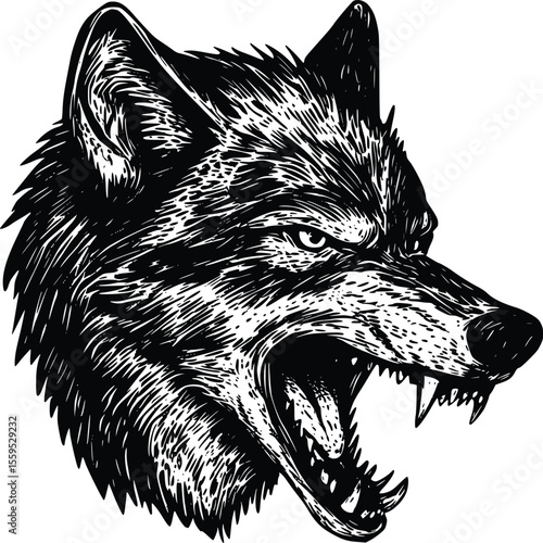Aggressive Wolf Head Profile, Vector Illustration, Intense Line Art