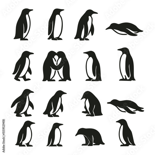 penguin silhouettes in various poses, including standing, walking, cuddling, and sliding on their bellies.