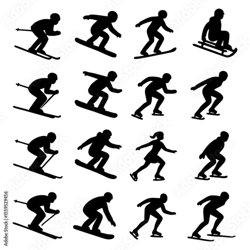 silhouette icons depicting various winter sports activities, including skiing, snowboarding, ice skating, and sledding.