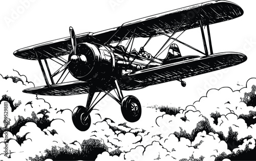Vintage Vector Illustration: Classic Biplane Soaring Through Clouds