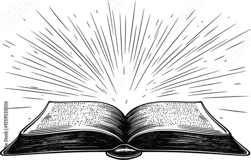 Open Book Vector Illustration: Radiant Sunburst, Vintage Style, Knowledge