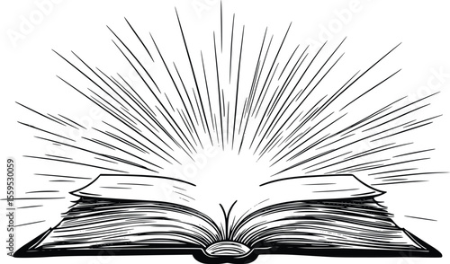 Open Book Vector Illustration: Radiant Light, Sketch Style