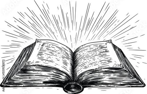 Open Antique Book Vector Illustration: Radiant, Mystical, Engraved Style